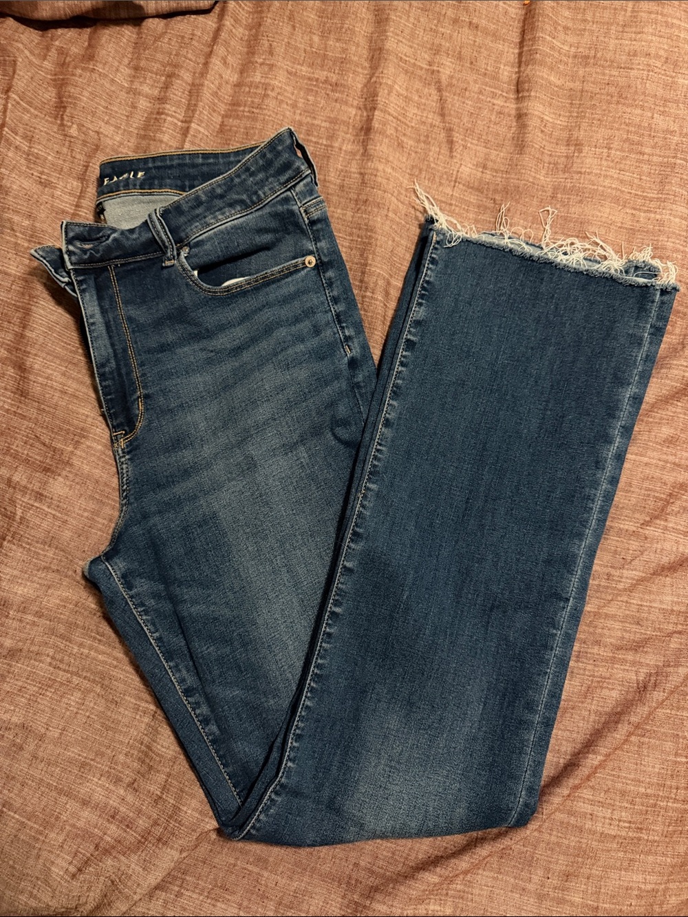 American Eagle Outfitters Dark Blue Frayed-Hem Wide-Leg Jeans